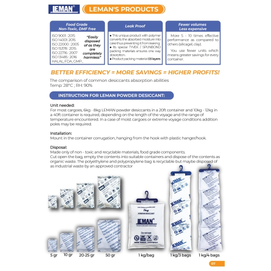 LEMAN- CACL2 POWDER DESICCANT 1000GRS/ 4 BAG